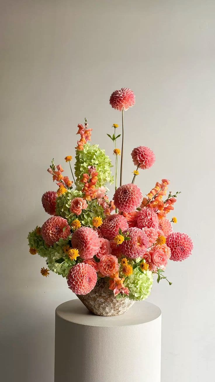 Pink dahlia arrangement on a stone pedestal
